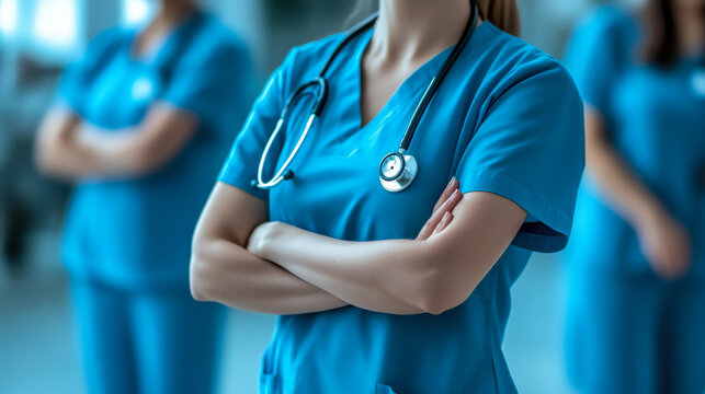 Group of medical doctors standing at hospital. Team of physicians ready to help patients. Medicine and health care concept