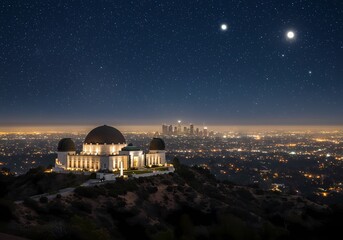 Obraz premium Vibrant Los Angeles Nightscape: City Lights, Urban Skyline, and Iconic Landmarks Under Starry Sky
