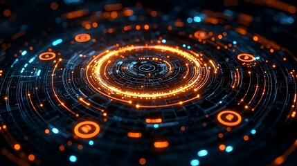 Abstract digital interface, concentric circles, glowing rings, futuristic technology