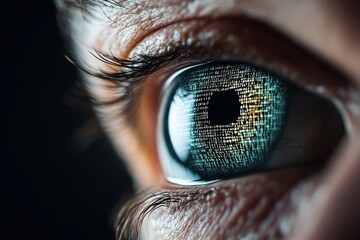 Close-up of eye with digital code reflection symbolizing technology and cybersecurity