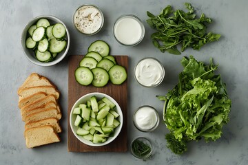 Obraz premium Flat lay of fresh vegetables, herbs, greens, lemons and avocados on a textured gray background, showcasing vibrant colors and natural textures.