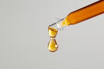 Amber liquid droplet falling from pipette against gray background