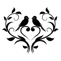 Two Birds In Heart Shape black silhouette vector illustration isolated on a transparent background