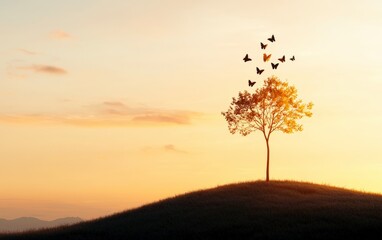 Serene Sunset Landscape with a Lone Tree and Butterflies Against a Vibrant Orange Sky
