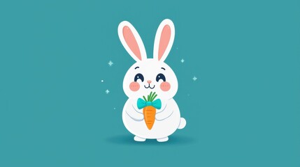 Obraz premium Cute cartoon rabbit holding a fresh carrot with cheerful expression on a teal background