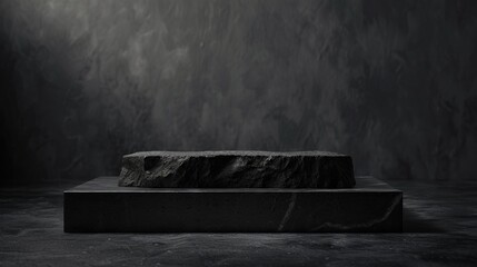A dark, minimalist scene featuring a textured black stone slab on a pedestal, evoking a sense of mystery and contemplation in an atmospheric environment.