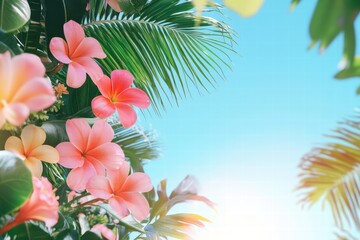 Tropical flowers bloom vibrantly against the bright blue sky in a sunlit paradise setting