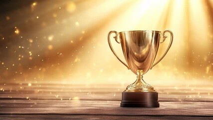 A beautifully crafted trophy stands on a wooden surface, glowing as golden light reflects around it, symbolizing victory and success