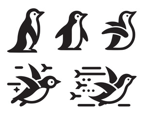 Fototapeta premium Collection of five penguin graphic icons in black and white with different poses and a flying bird