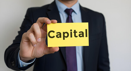 Businessman is holding a card on which is written capital, Business, Corporate, Office, Teamwork, Finance, Technology, Meeting, Success, Marketing, Strategy.