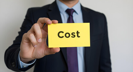Obraz premium Businessman is holding a card on which is written cost, Business, Corporate, Office, Teamwork, Finance, Technology, Meeting, Success, Marketing, Strategy.