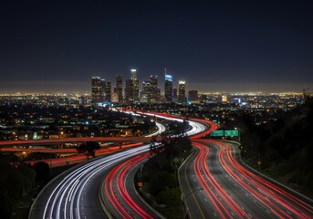 Vibrant Los Angeles Nightscape: City Lights, Urban Skyline, and Iconic Landmarks Under Starry Sky