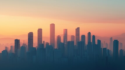 Fototapeta premium Urban Skyline at Sunset Reflecting Demographic Challenges