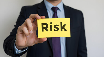 Businessman is holding a card on which is written risk, Business, Corporate, Office, Teamwork, Finance, Technology, Meeting, Success, Marketing, Strategy.