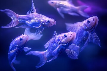 Fototapeta premium Illustrated in Rose Tran's enchanting and whimsical style, a vibrant school of fish swim gracefully underwater.