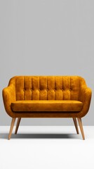 Stylish Yellow Velvet Sofa with Wooden Legs on Minimalist Background for Modern Living Space Decor