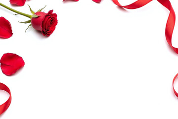 single red rose full bloom white bg red curling ribbon