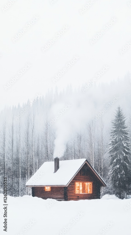 Aufkleber smoke rising from the chimney of a cozy wooden cabin nestled in a snow covered forest, creating a wa