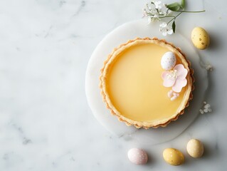 Fototapeta premium A beautifully crafted lemon tart garnished with delicate flowers and pastel-colored eggs, set against a light marble background.