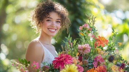 Naklejka premium Smiling Woman with a Colorful Bouquet