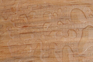 Large raindrops accumulated on a garden bench