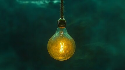 Vintage light bulb hangs from a rope against a dark teal background, creating a warm and inviting atmosphere during evening hours