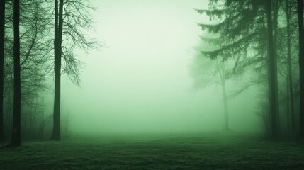 Obraz premium Mysterious fog enveloping a serene forest landscape with tall trees and a tranquil atmosphere
