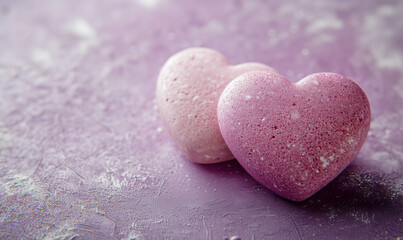 Fototapeta premium Two pink stone hearts resting on a pastel purple background. Valentines day concept.