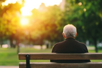 Fototapeta premium Elderly Man Reflecting in Urban Park During Sunset