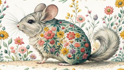 Surreal Chinchilla Floral Painting: Fluffy Pet Portrait, Artistic Animal Illustration, Fantasy Furry Creature