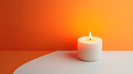 White Candle with Flame on Orange Background and White Surface