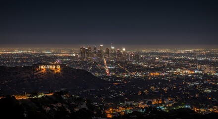 Fototapeta premium Vibrant Los Angeles Nightscape: City Lights, Urban Skyline, and Iconic Landmarks Under Starry Sky