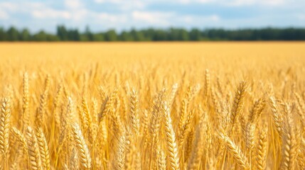 Naklejka premium Golden wheat field under a blue sky with fluffy clouds and distant trees, symbolizing harvest season