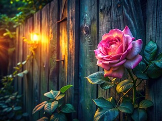 Surreal roses bloom behind an enigmatic fence, creating a dreamlike, mystical garden scene.