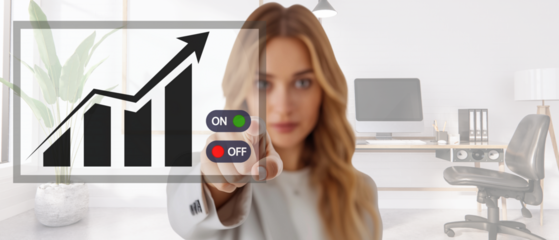 young blond woman analyst turning on button on chart with line going up; concept of data analysis, gathering informationto achive success, database management; copy space