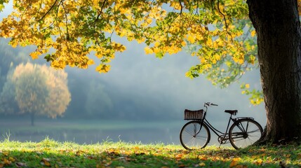 Fototapeta premium Tranquil Autumn Scene with Vintage Bicycle Under a Colorful Tree by Calm Lake Shoreline