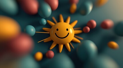 Vibrant colored dots splashing to form a smiling sun within a minimalistic design frame