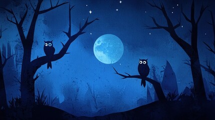 Dark Night Scene with Owls Sitting on Branches Under a Full Moon in an Enigmatic Atmosphere