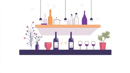 Modern kitchen interior illustration with shelving and workspace in soft colors