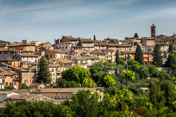 Spoleto, Ponte delle Torri roman bridge and Rocca Albornoziana medieval fortress. Umbria region, Italy, Europe.