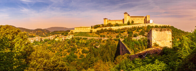 Spoleto, Ponte delle Torri roman bridge and Rocca Albornoziana medieval fortress. Umbria region,...