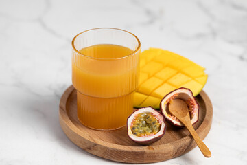 tropical refreshing detox smoothie, cocktail,
passion fruit, mango, banana, pineapple