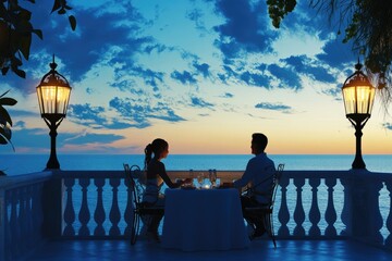 A couple enjoying a romantic dinner on a balcony overlooking the ocean