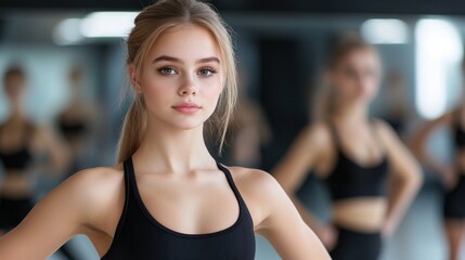 Fototapeta premium Young Woman in Sports Bra Posing Confidently in Dance Studio with Other Dancers in Background