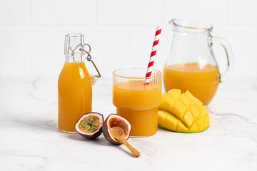 tropical refreshing detox smoothie, cocktail,
passion fruit, mango, banana, pineapple
