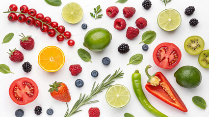 "Vibrant Collage of Fresh Fruits & Vegetables – A Colorful Feast on White Background"

