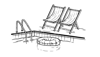Hotel swimming pool line illustration, vector hand drawn water resort rest outline print, spa chair. Summer holiday outdoor doodle, simple luxury villa swim business concept. Travel swimming pool icon