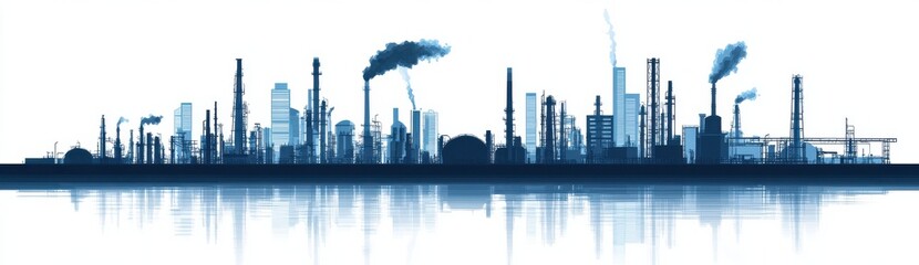 Obraz premium Industrial skyline with factory smokestacks reflected in calm blue water