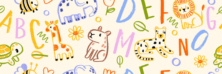 Kids animal seamless pattern, vector hand drawn childish African print texture cute cartoon linen. Naive baby nature background, colorful pencil fabric design, capybara, letters. Kids seamless pattern