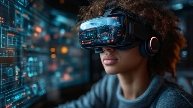 A young user explores a virtual reality environment with immersive headset technology.